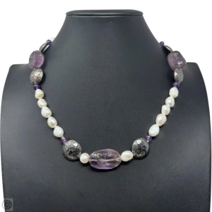 Amethyst Chunk & Pearl Necklace Sterling Silver Unbranded