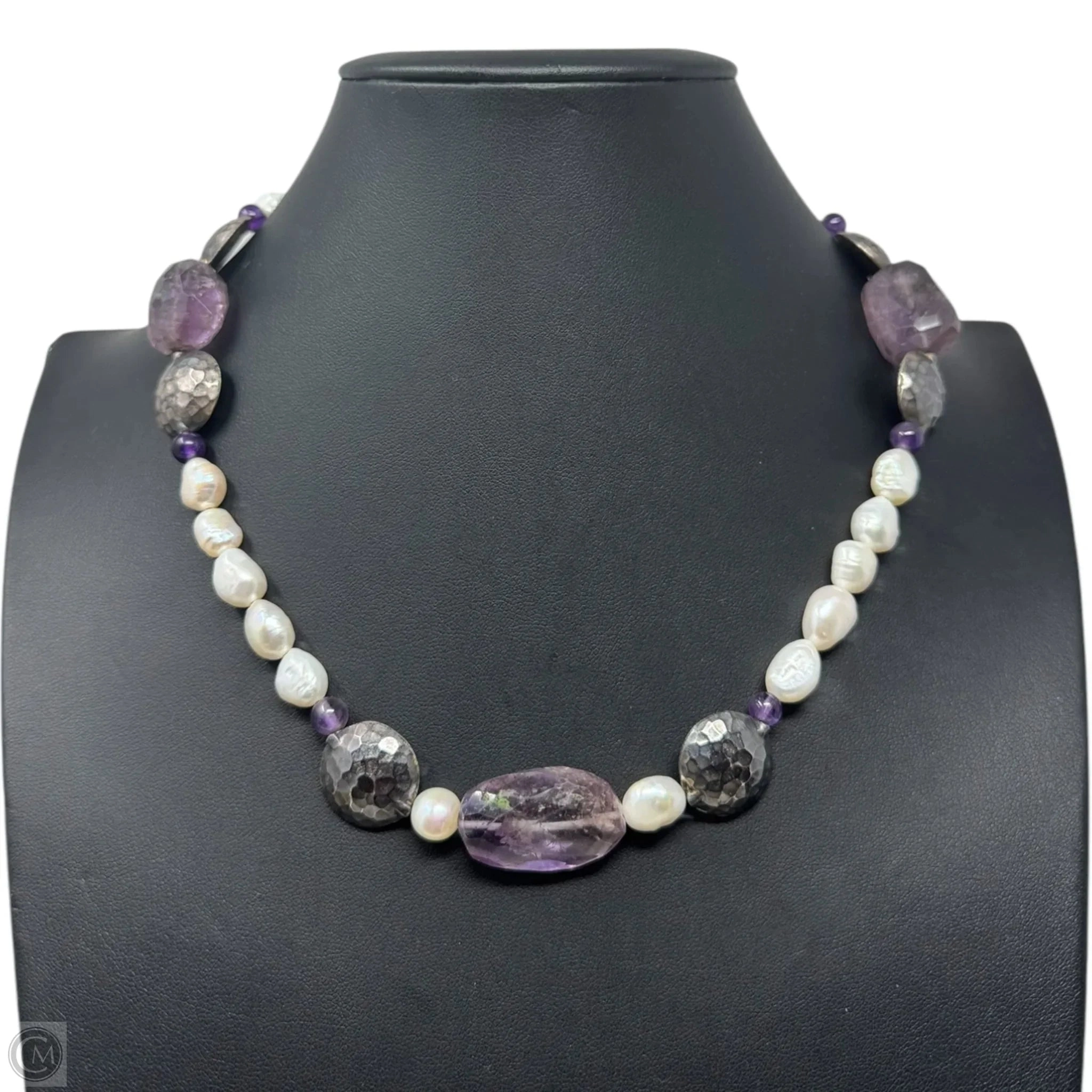 Amethyst Chunk & Pearl Necklace Sterling Silver Unbranded