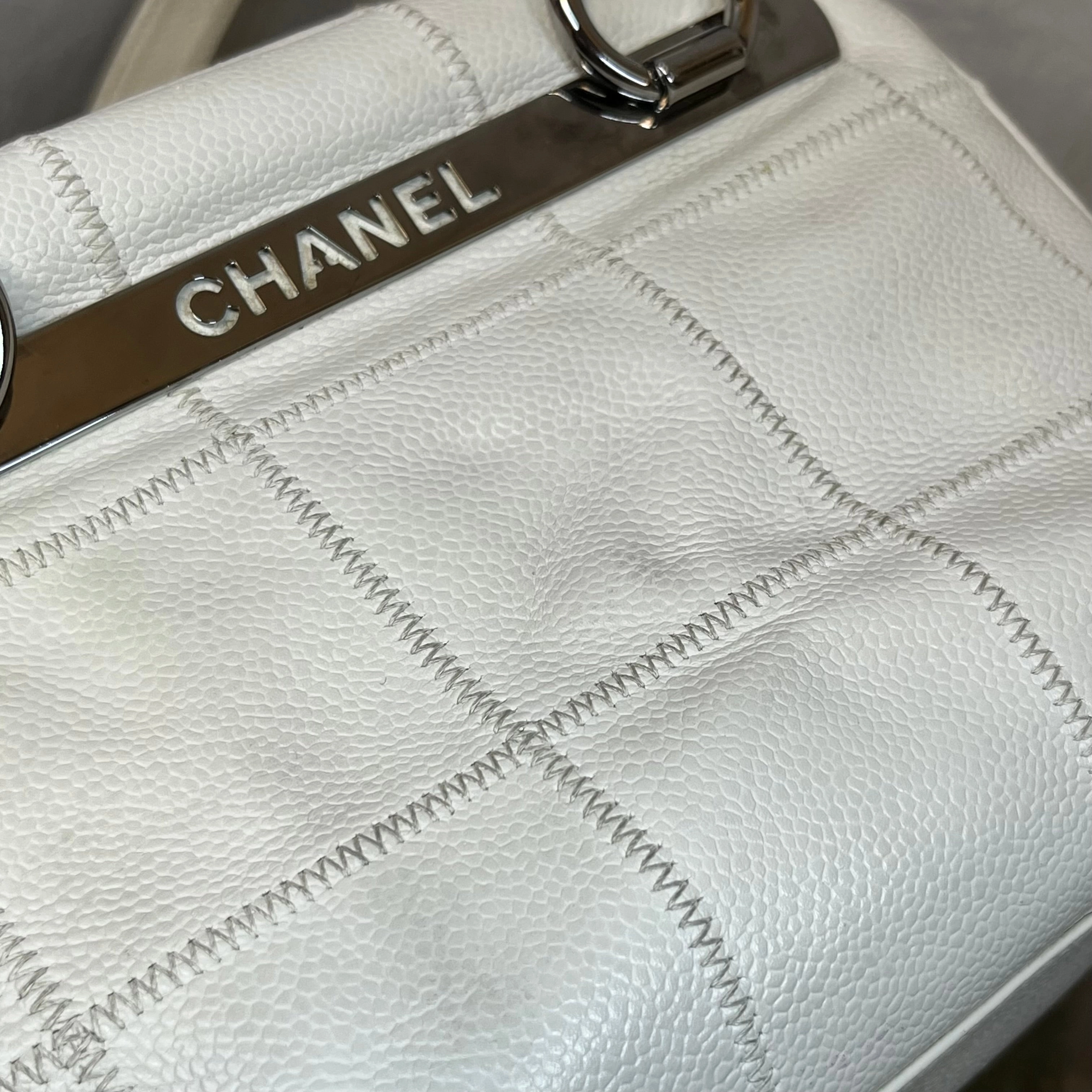 CHANEL LAX Bowler White Caviar Square Stitched Satchel Bag
