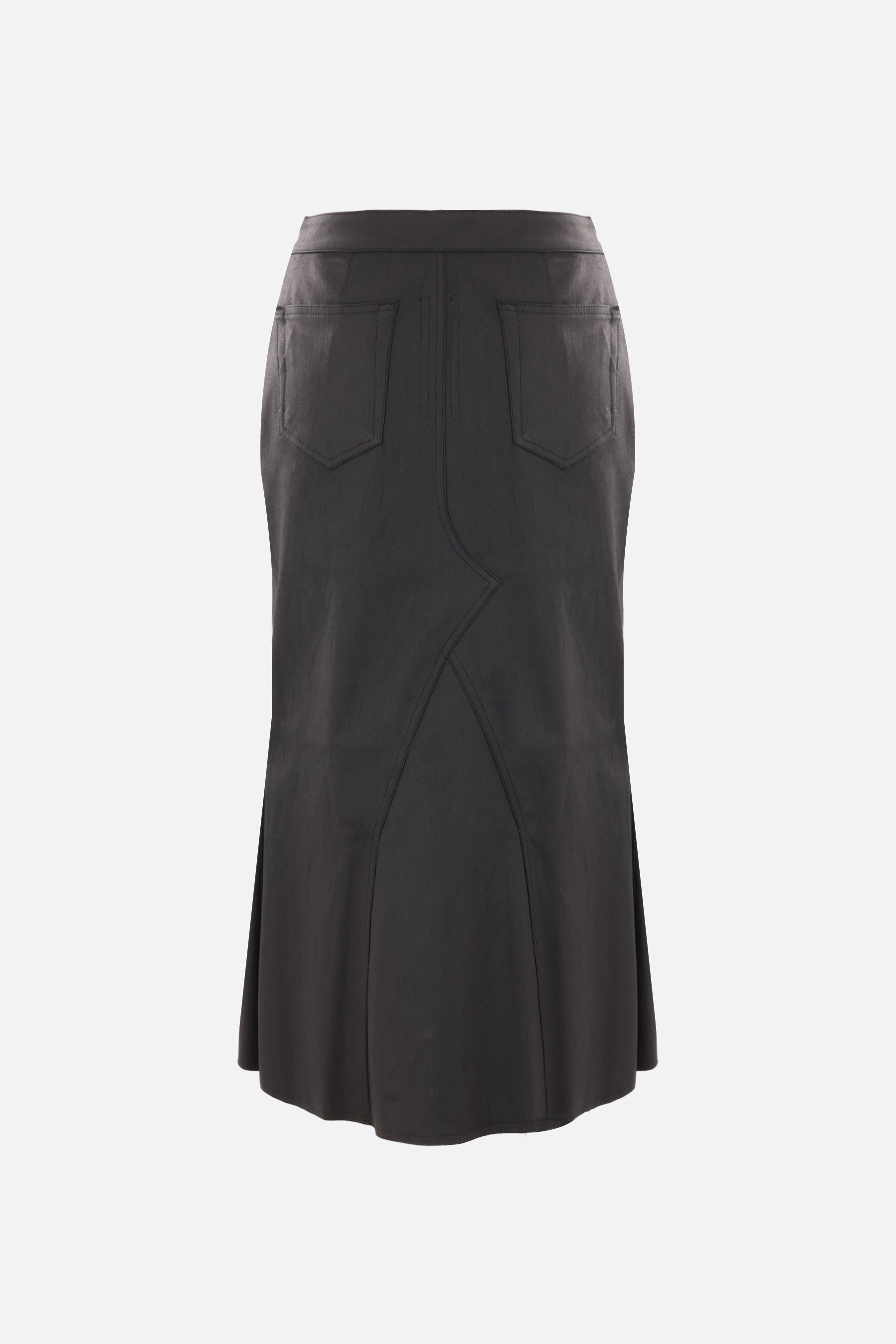Godet coated denim midi skirt