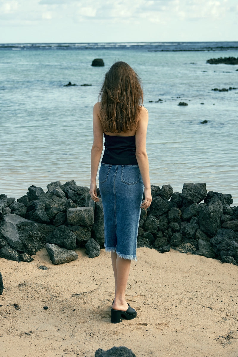 Indigo High Rise Midi Skirt