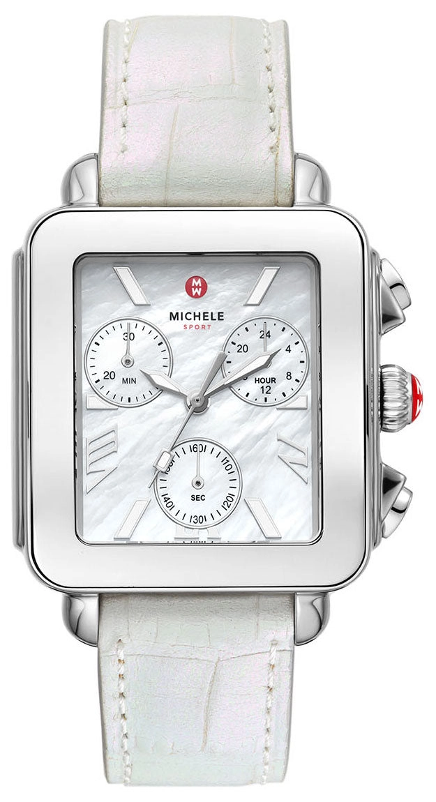 Michele Deco Sport Chronograph Mother-of-Pearl Rectangle Dial White Leather Women's Watch MWW06K000066