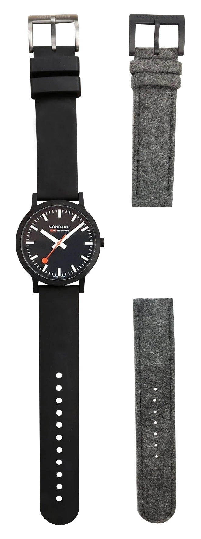 Mondaine Essence Renewable Material Black Dial Black Rubber Strap Interchangeable Gray Textile Strap Quartz Mens Watch MS1.41120.RB.SET