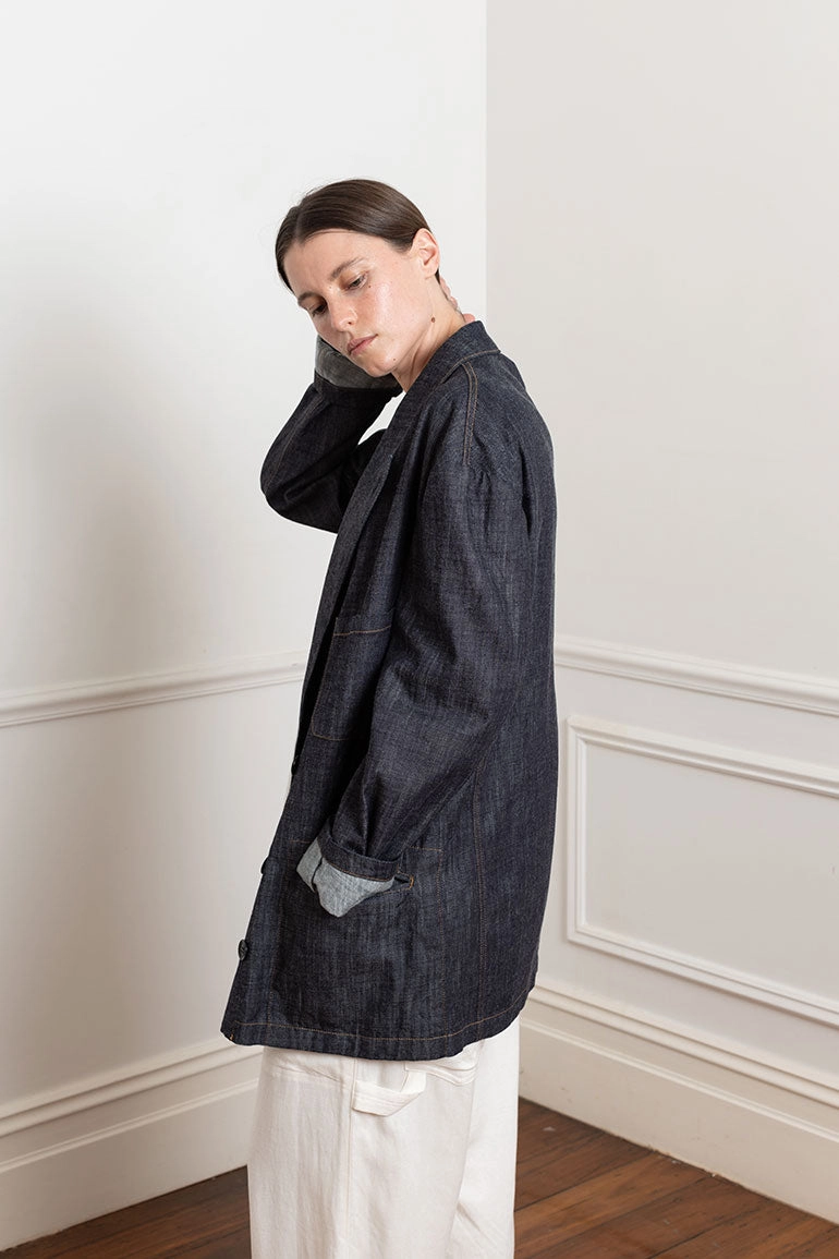 Peaked Lapel Denim Blazer - Indigo