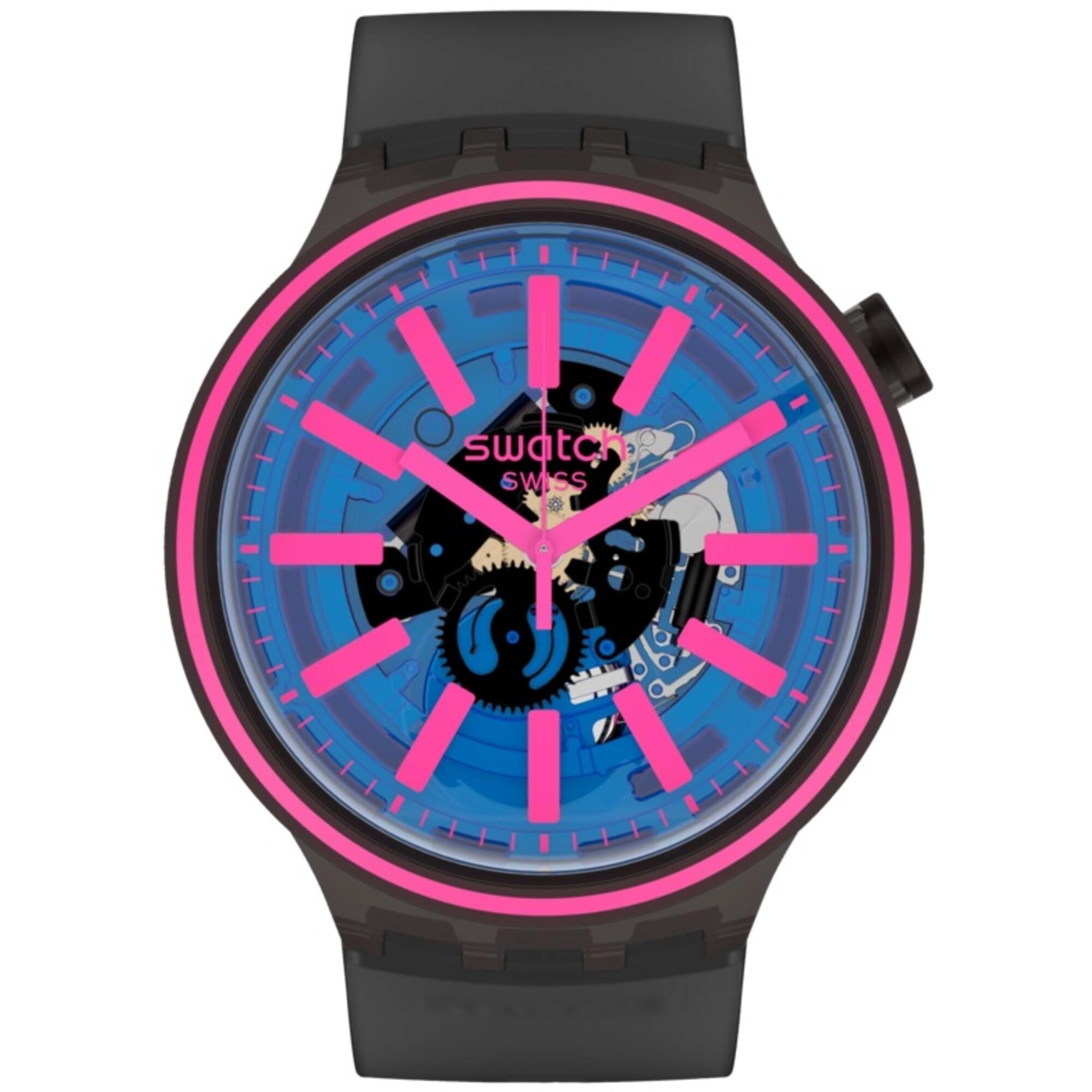 Swatch Unisex Watch - Big Bold Blue Taste Semi-Skeleton Dial Black Strap | SO27B111