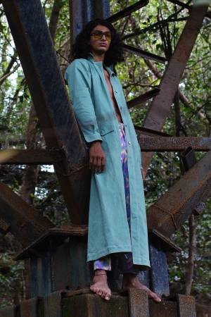 Trench with denim stitch detailing