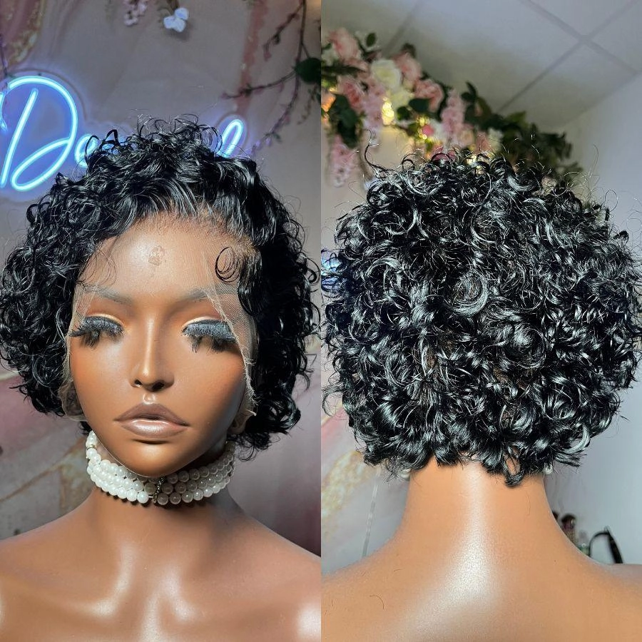 WOWANGEL Curly Pixie Skinlike Real HD Full Lace Wig Short Cut Wig